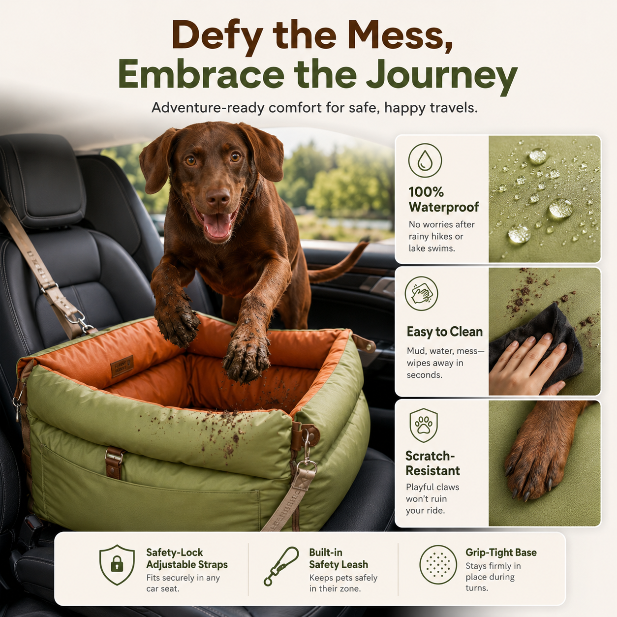 Dog Car Booster Bed – Waterproof Travel Seat with Safety Straps