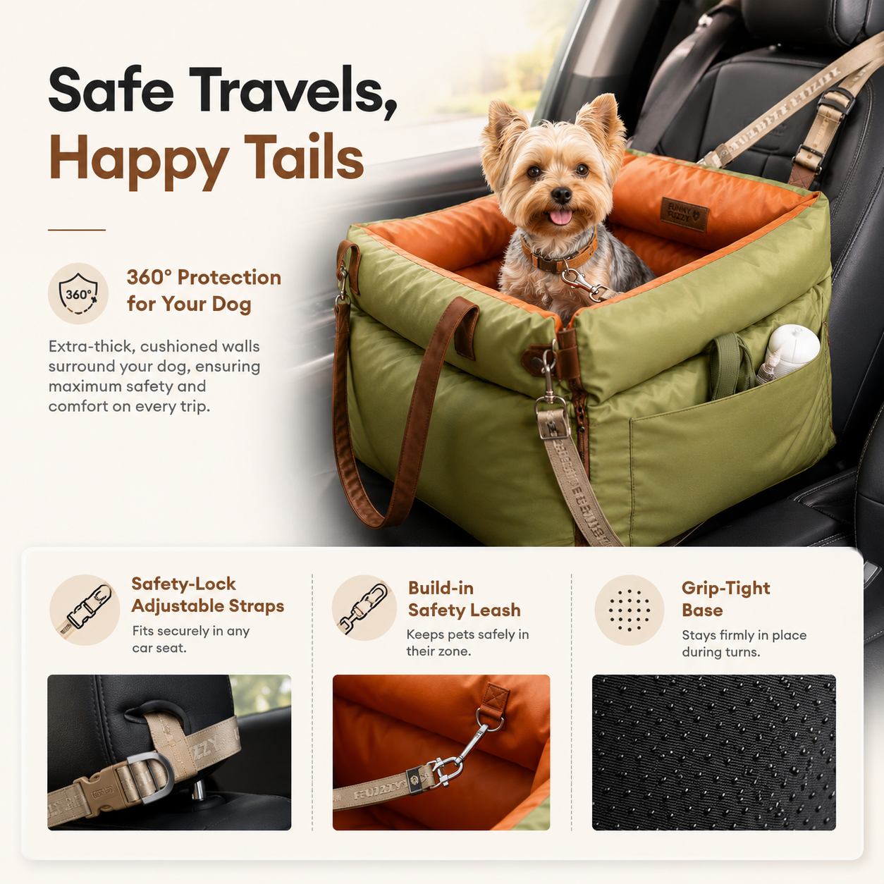 Dog Car Booster Bed – Waterproof Travel Seat with Safety Straps