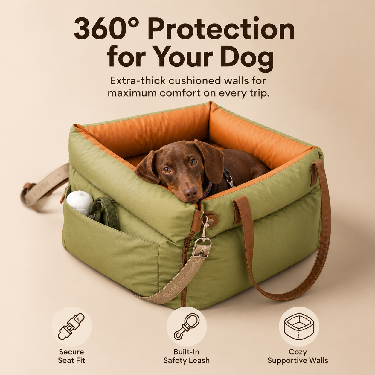 Dog Car Booster Bed – Waterproof Travel Seat with Safety Straps