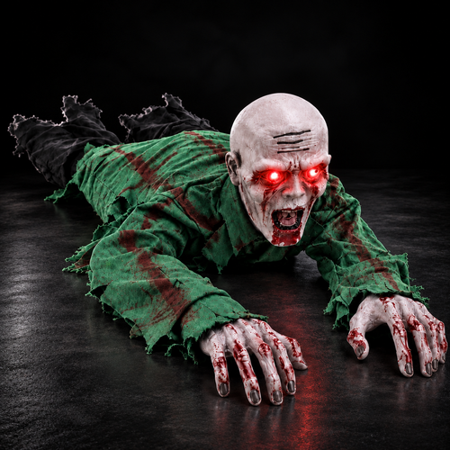 Crawling Zombie Bald Halloween prop close-up with glowing red eyes
