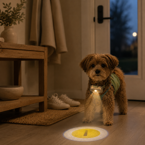 Dog by the entryway wearing a night walk safety light