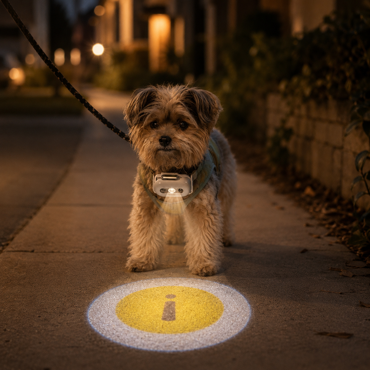 Small dog wearing GlowPaw night walk projector during an evening walk