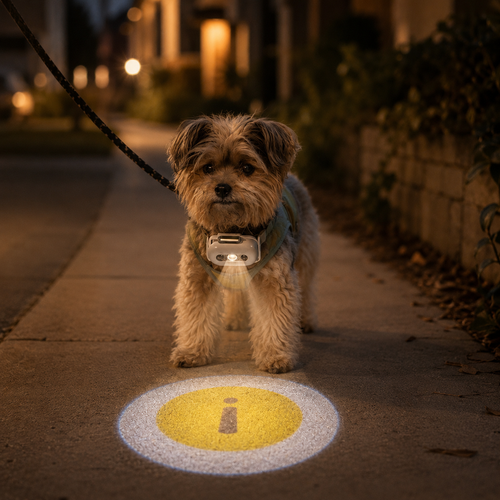 Small dog wearing GlowPaw night walk projector during an evening walk