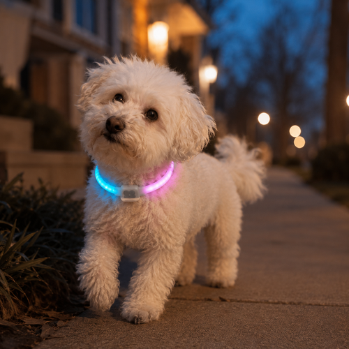 Dog wearing glowing LED collar during evening walk